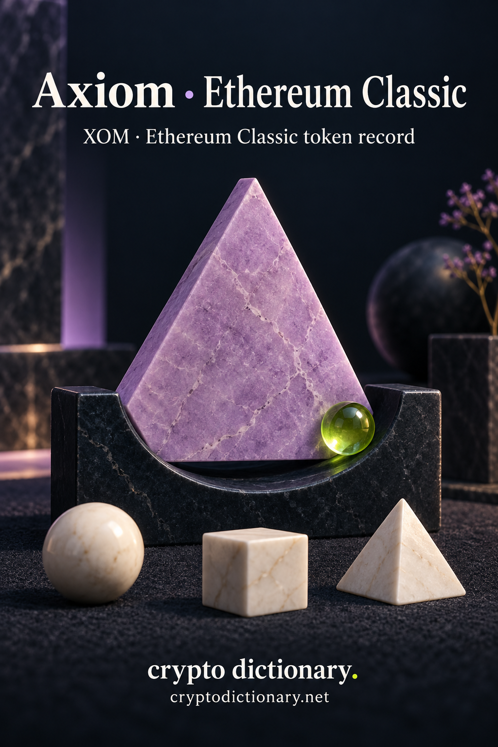 Lilac marble triangle in a navy curved cradle with lime glass bead and three plain geometric solids; Axiom · Ethereum Classic registry artwork.