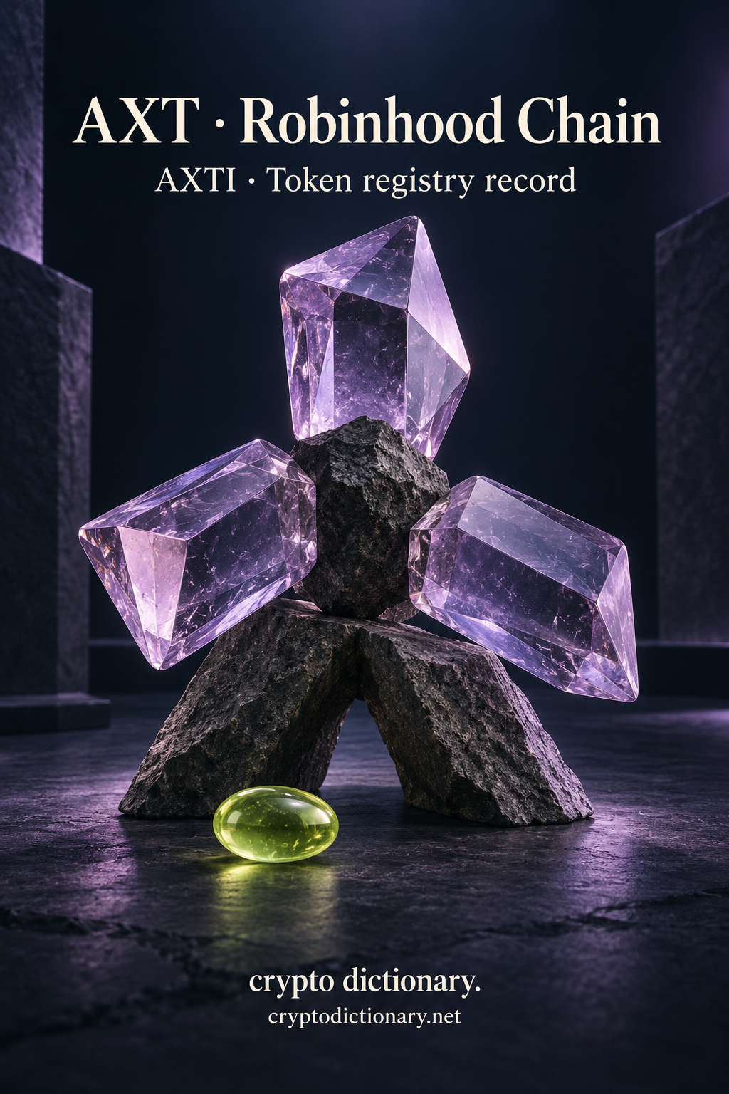 AXT on Robinhood Chain illustrated by an original lilac glass axial prism sculpture around dark stone, with neutral AXTI registry caption.
