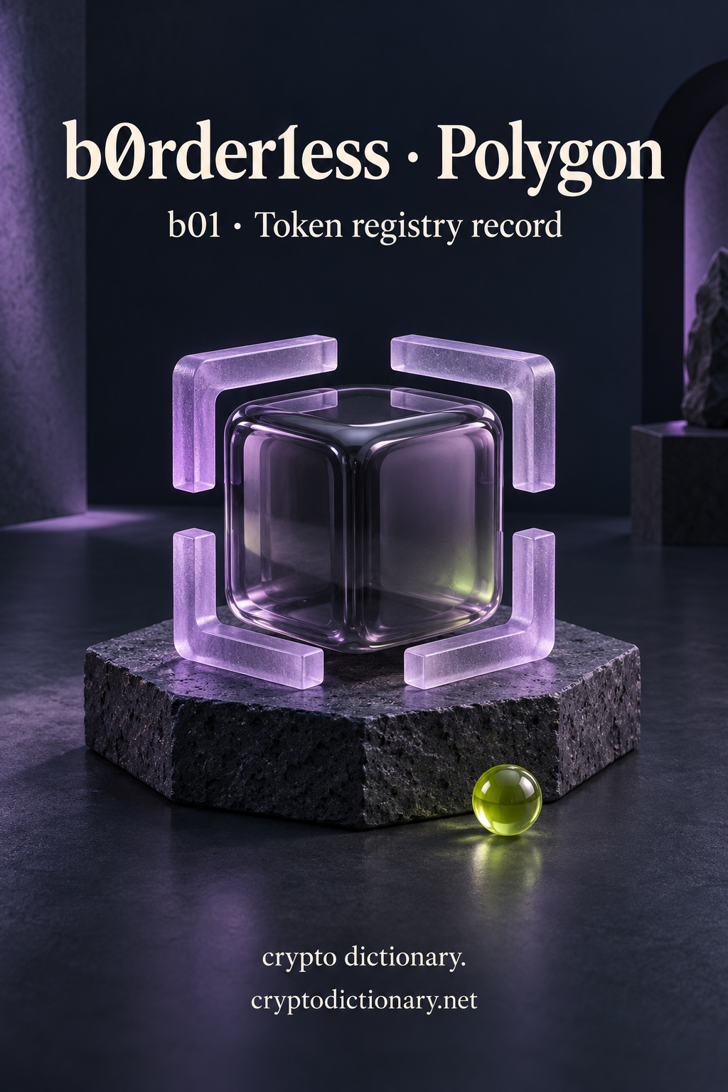 Four open lilac glass frame segments surround a smoke-glass cube beneath b0rder1ess · Polygon.