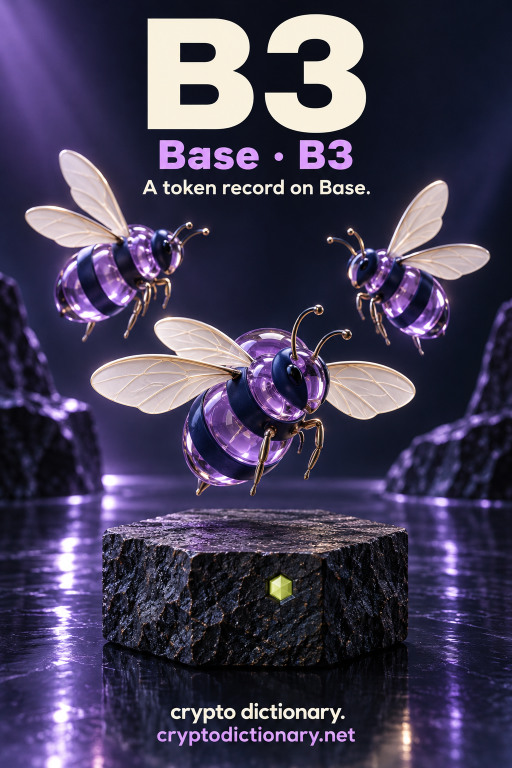 Three lilac glass bees hover above a basalt hexagonal block with a lime inlay, labeled B3 and Base · B3.