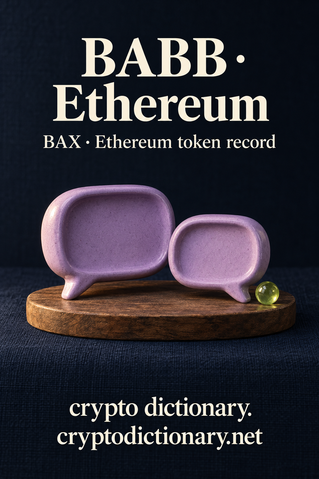Two blank lilac ceramic conversation bubbles on a wooden plinth, illustrating the BABB registry name on Ethereum.