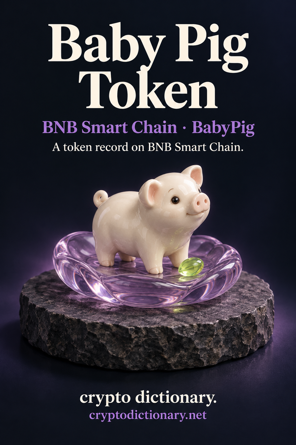 Baby Pig Token record on BNB Smart Chain, illustrated by an original generic ivory ceramic piglet in a lilac glass nest bowl with a lime seed.