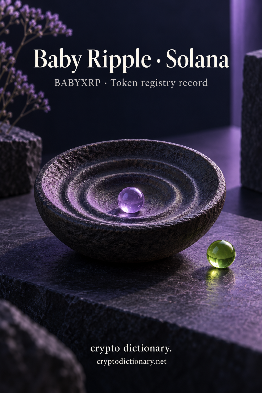Tiny lilac glass droplet in a dark bowl with sculptural ripples beneath Baby Ripple · Solana.