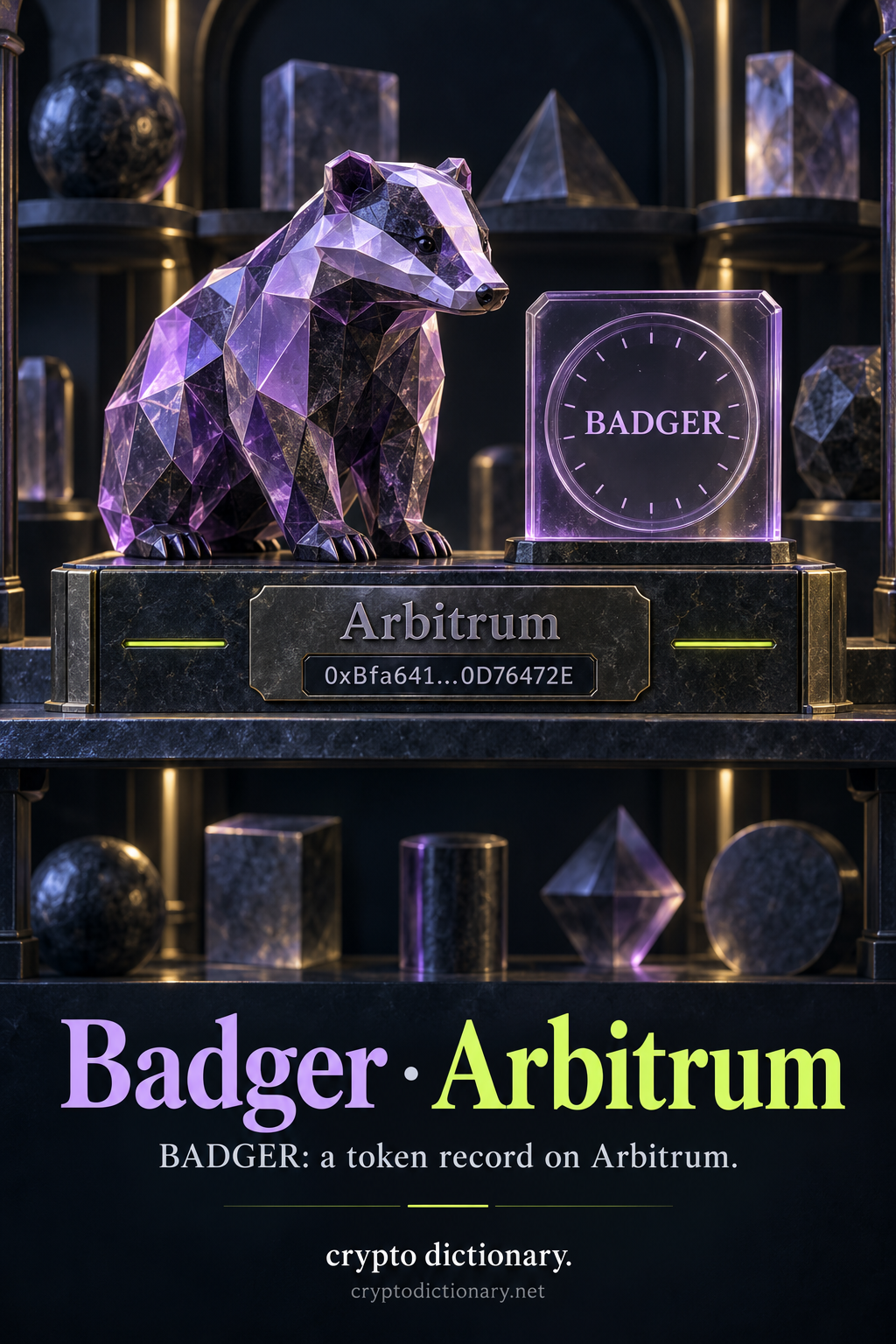 An original faceted badger name-metaphor sculpture and BADGER record plaque share an Arbitrum shelf with the abbreviated public locator0xBfa641…0D76472E.