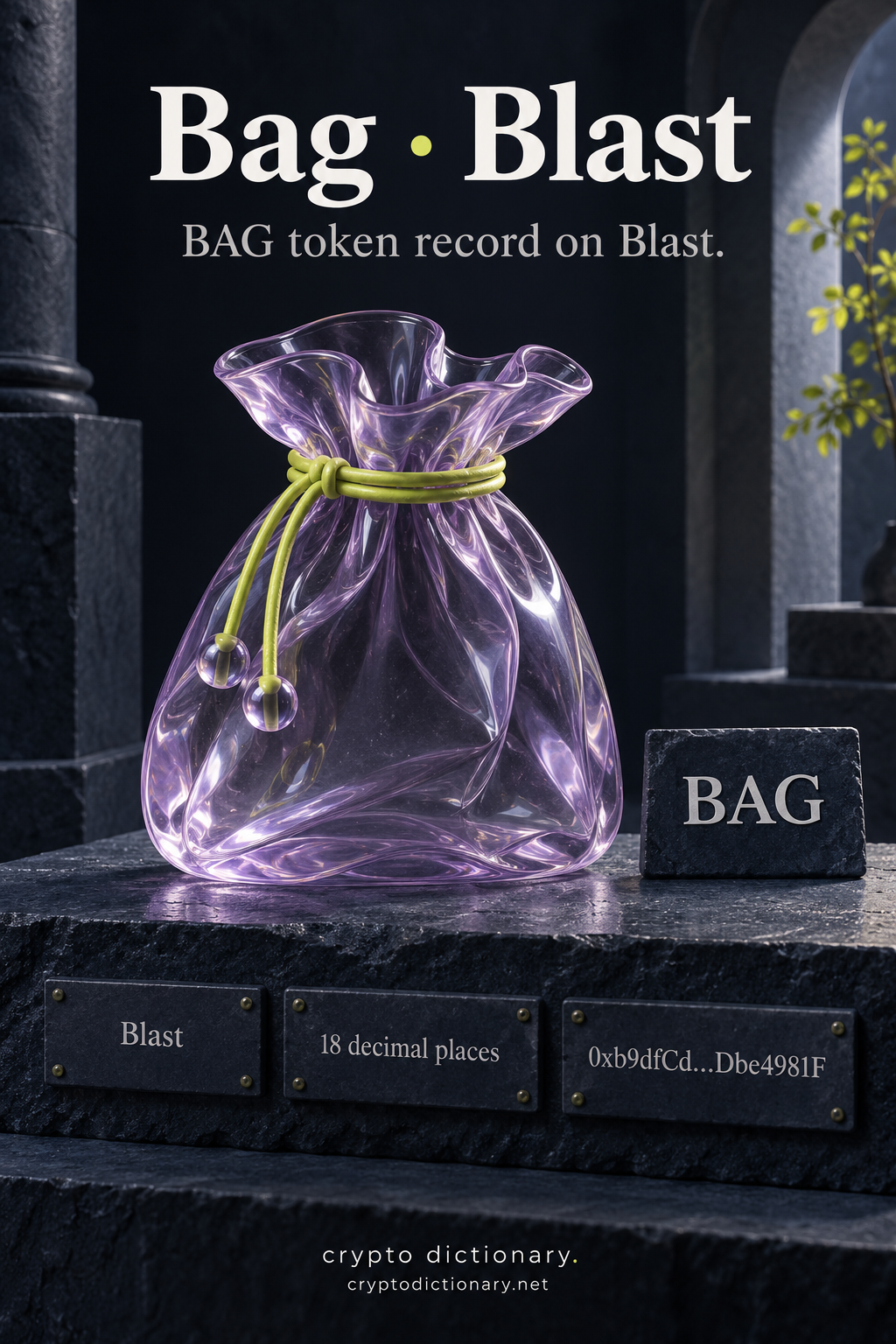 Empty lilac glass drawstring bag tied with lime cord beside BAG specimen and Blast token registry plaques.