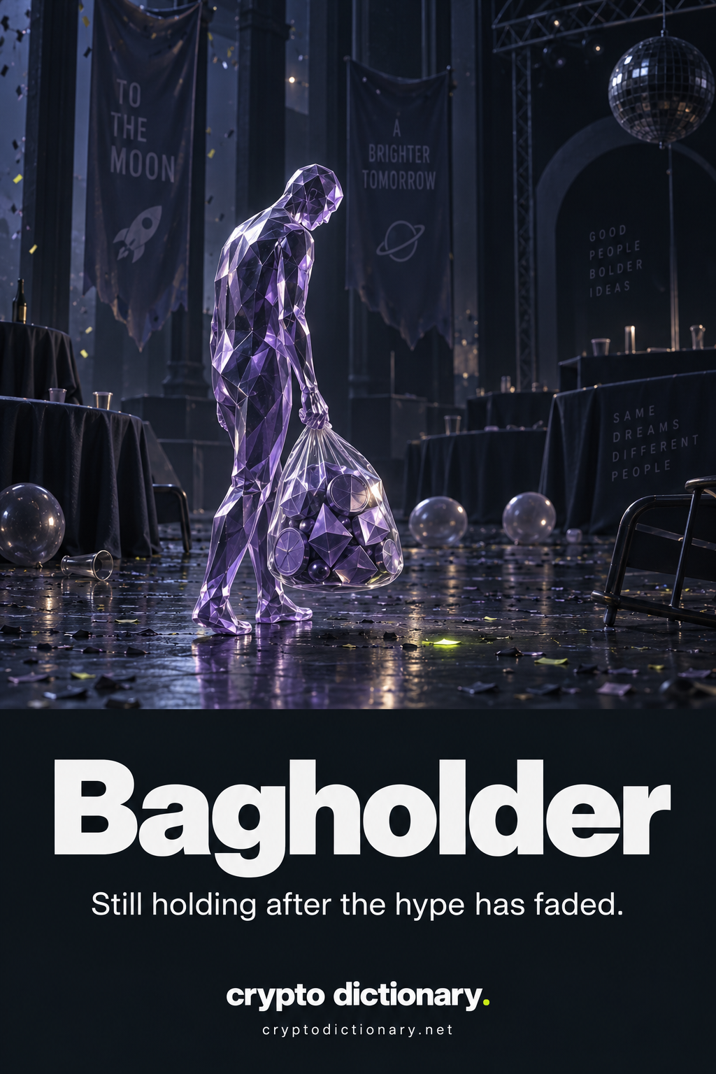 An anonymous lilac glass figure carries a bag of token shapes at an empty gathering after the crypto hype has faded.