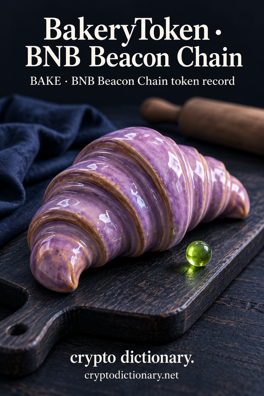 An oversized lilac ceramic croissant lies on a navy wooden bread board beside a lime bead; BakeryToken · BNB Beacon Chain token record artwork.