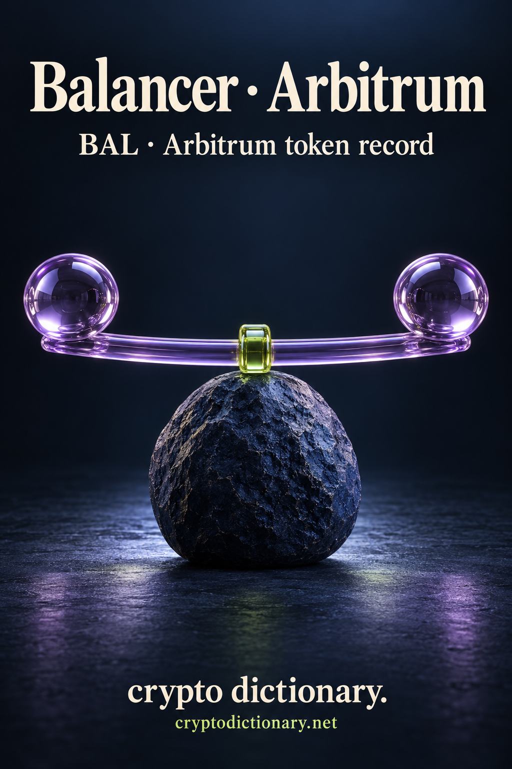 Balancer · Arbitrum — original lilac glass name-inspired sculpture with accurate BAL token record caption.