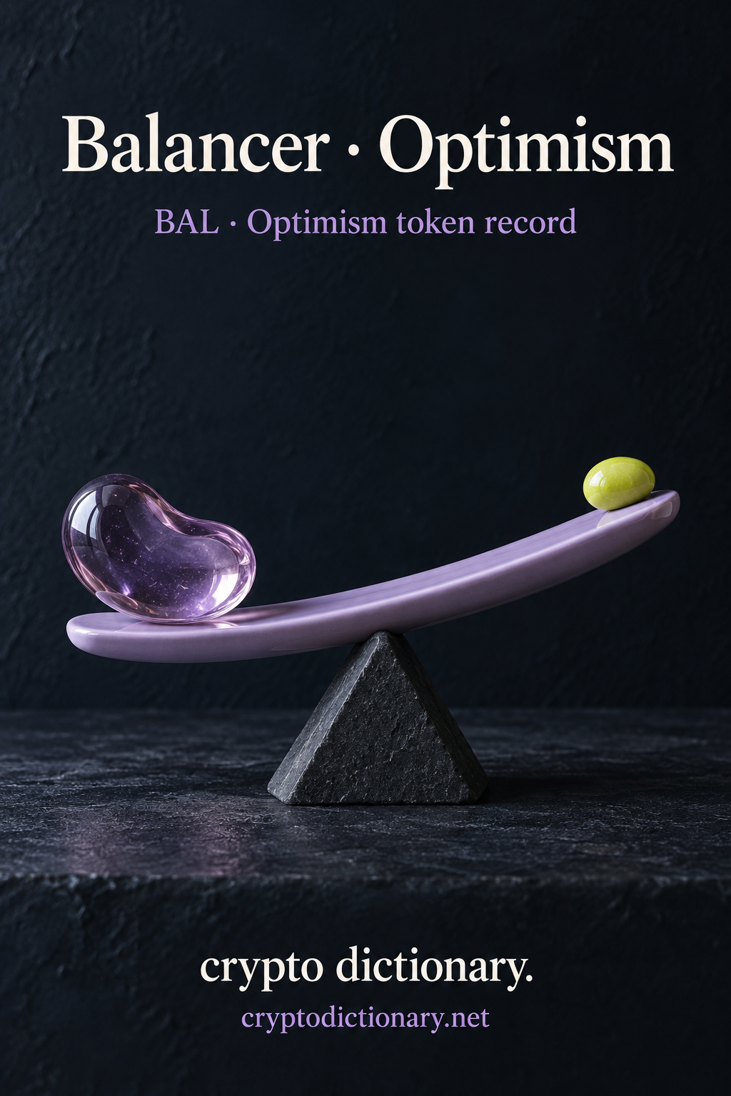 Lilac ceramic balancing beam on dark wedge with glass bean and lime pebble beneath Balancer · Optimism.