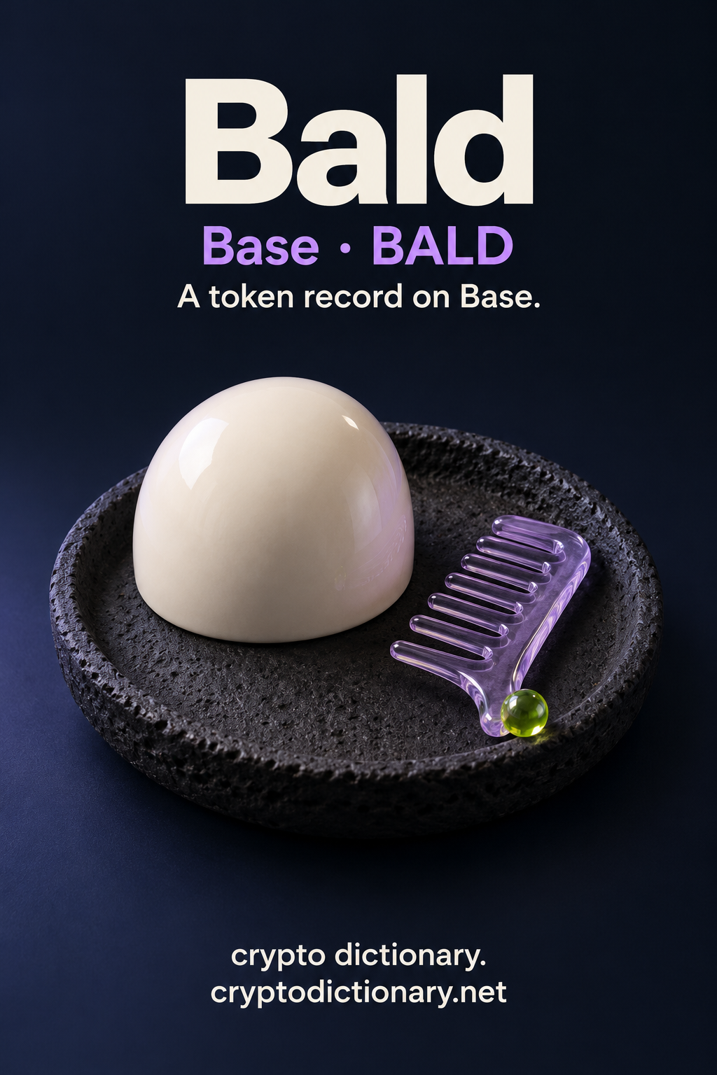 An ivory smooth dome and unused lilac glass comb rest in a basalt dish with a lime bead, labeled Bald and Base · BALD.