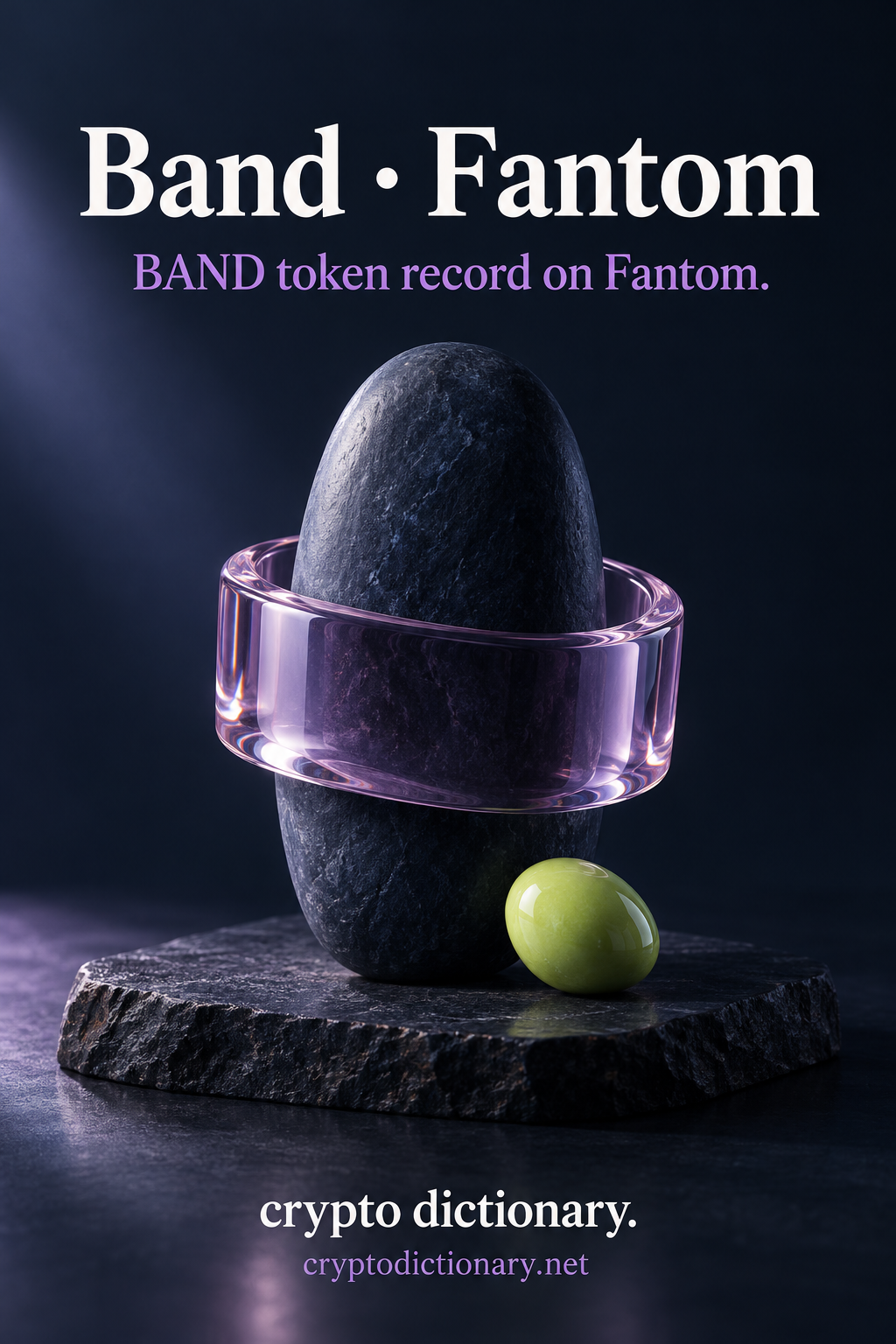 Wide lilac glass band around a navy oval stone with lime pebble on plain slab; Band · Fantom registry artwork.
