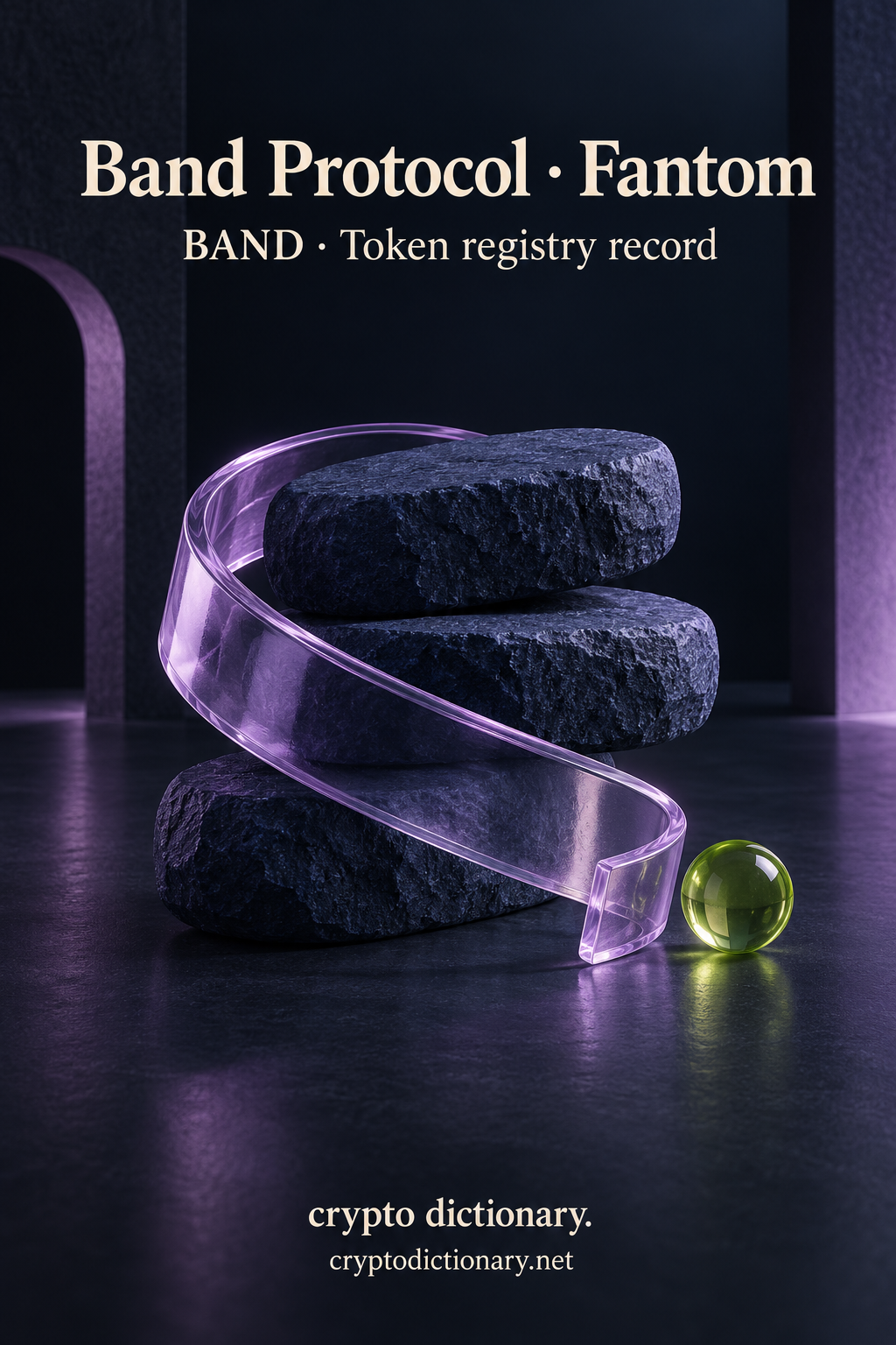 Band Protocol on Fantom illustrated by an original loose lilac glass band around staggered dark stone tablets beside a lime bead, with neutral BAND registry caption.