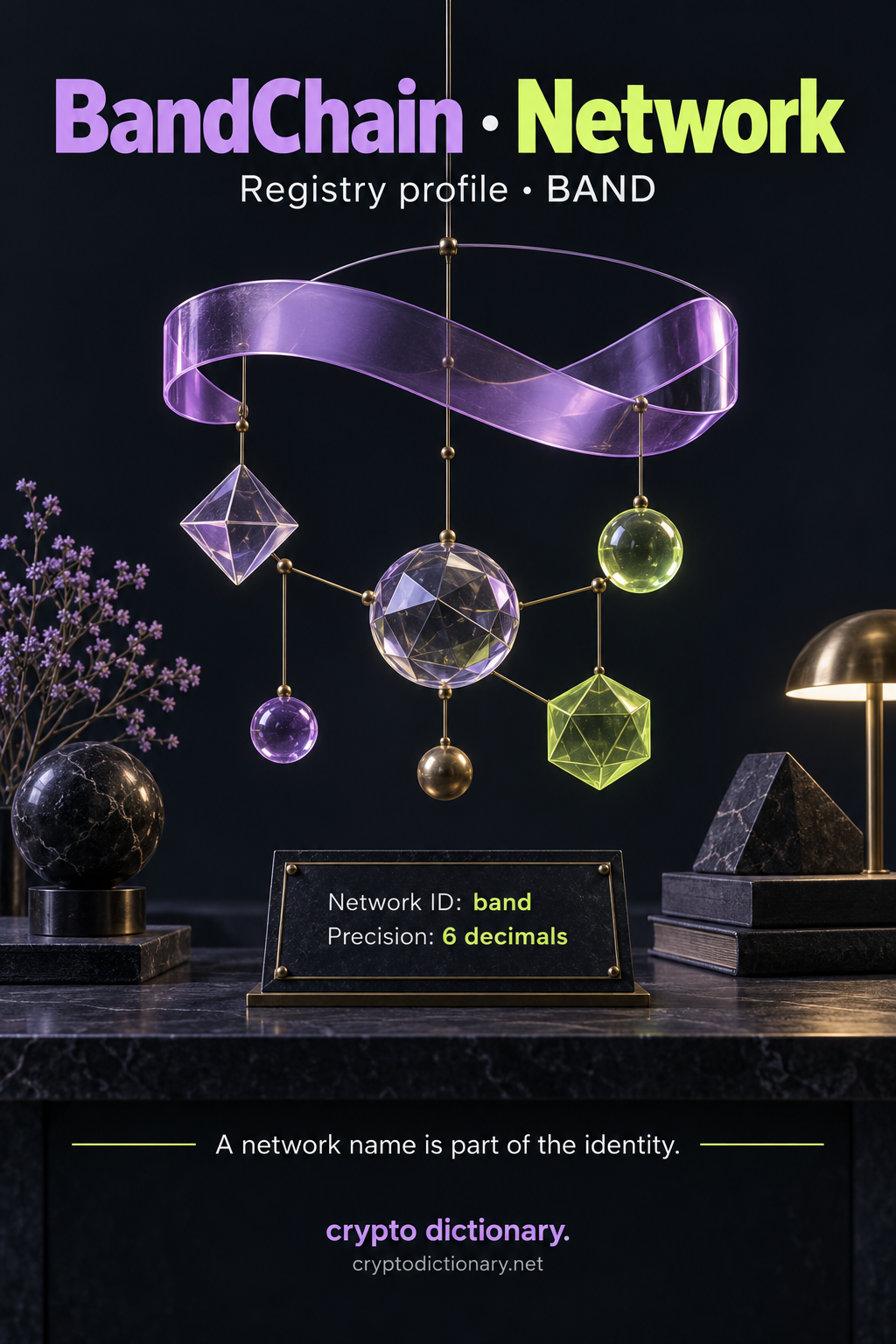 BandChain network registry: a suspended lilac ribbon with connected geometric node specimens above a precise BAND identity placard.