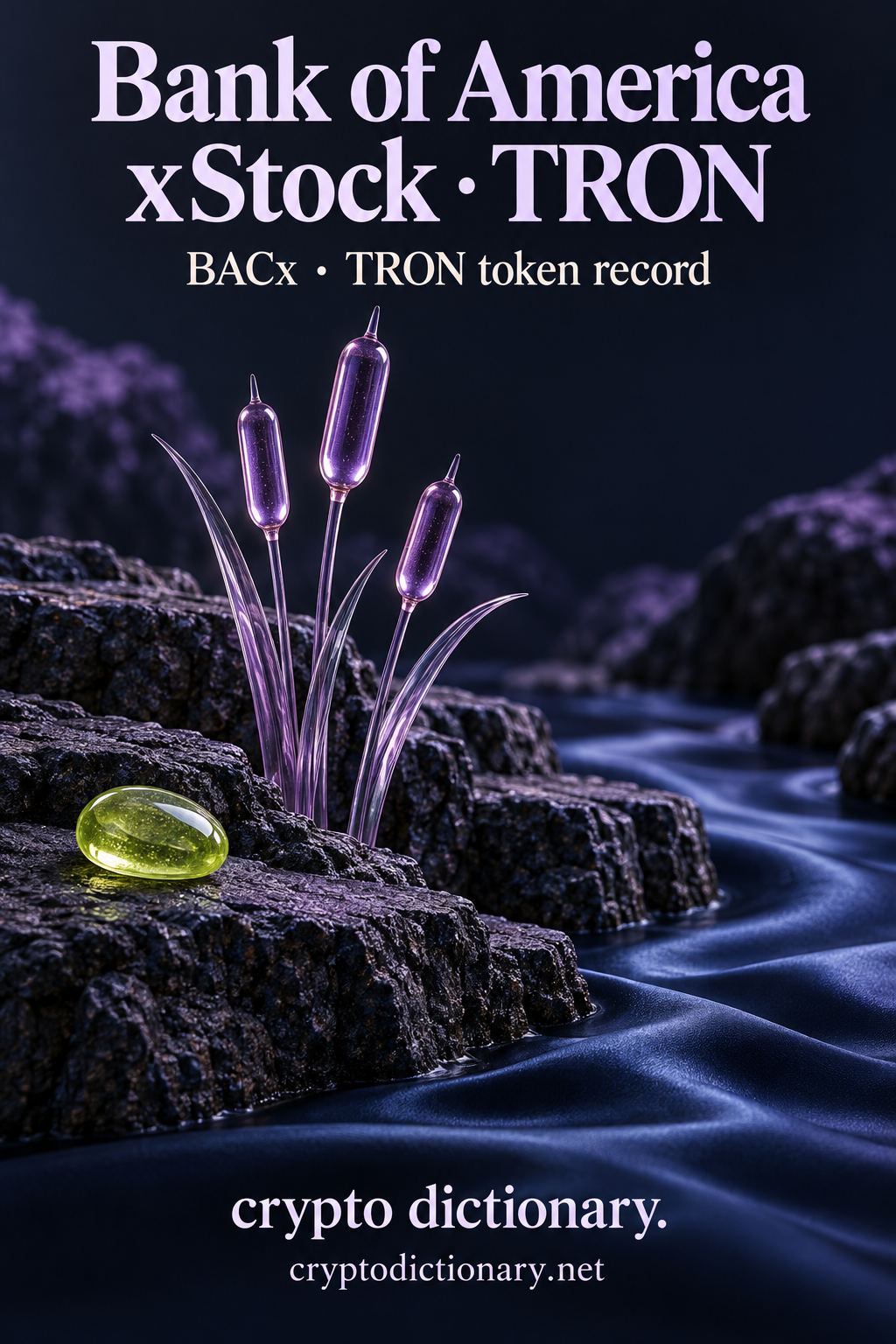 Actual original pixels inspected: exact full Bank of America xStock · TRON heading wraps to two large lines, entirely within frame and readable; BACx · TRON token record caption accurate. Full inset brand/domain readable. Miniature terraced navy stone riverbank with lilac glass cattail reeds, flowing navy satin and lime glass pebble is bank-word mnemonic only. No financial institution, official flag/company logo, deposits, shares, reserve/backing, project function, authenticity or return assertion. All props plain; full TRC-20 identity remains binding/manifest.