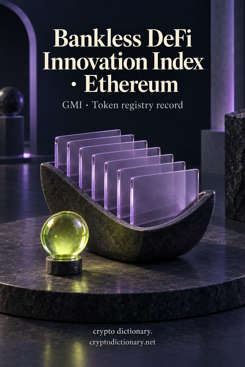 Seven blank lilac glass index cards and a lime idea bulb beneath Bankless DeFi Innovation Index · Ethereum.