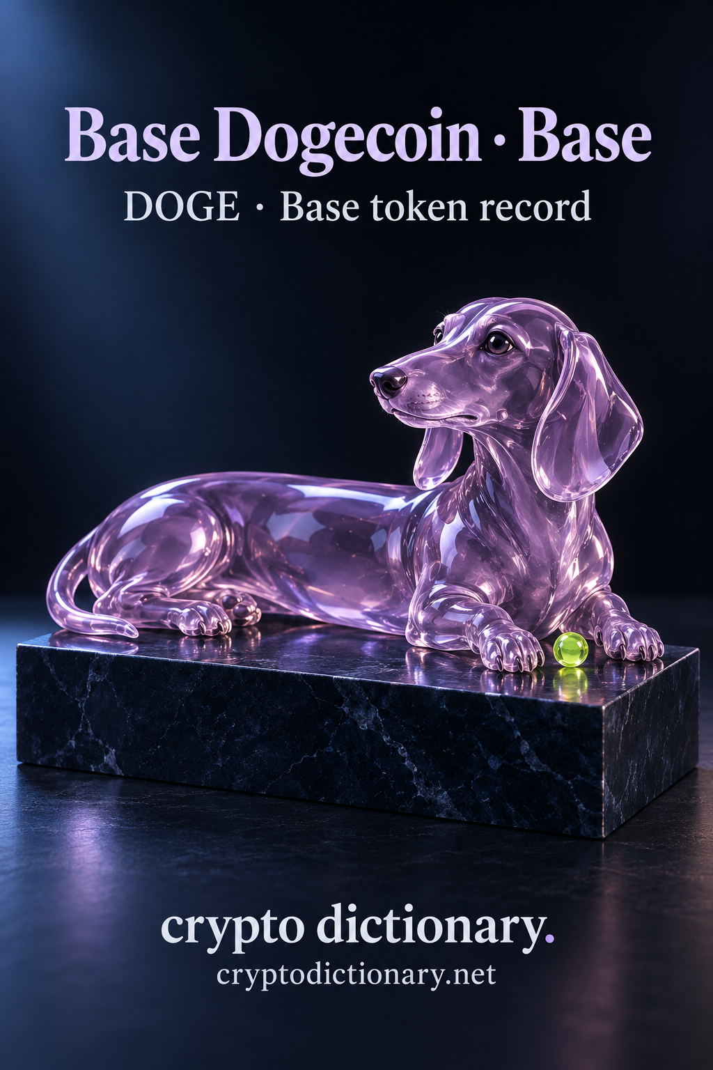New natural lilac glass dachshund lying across a rectangular navy stone base with a lime bead.