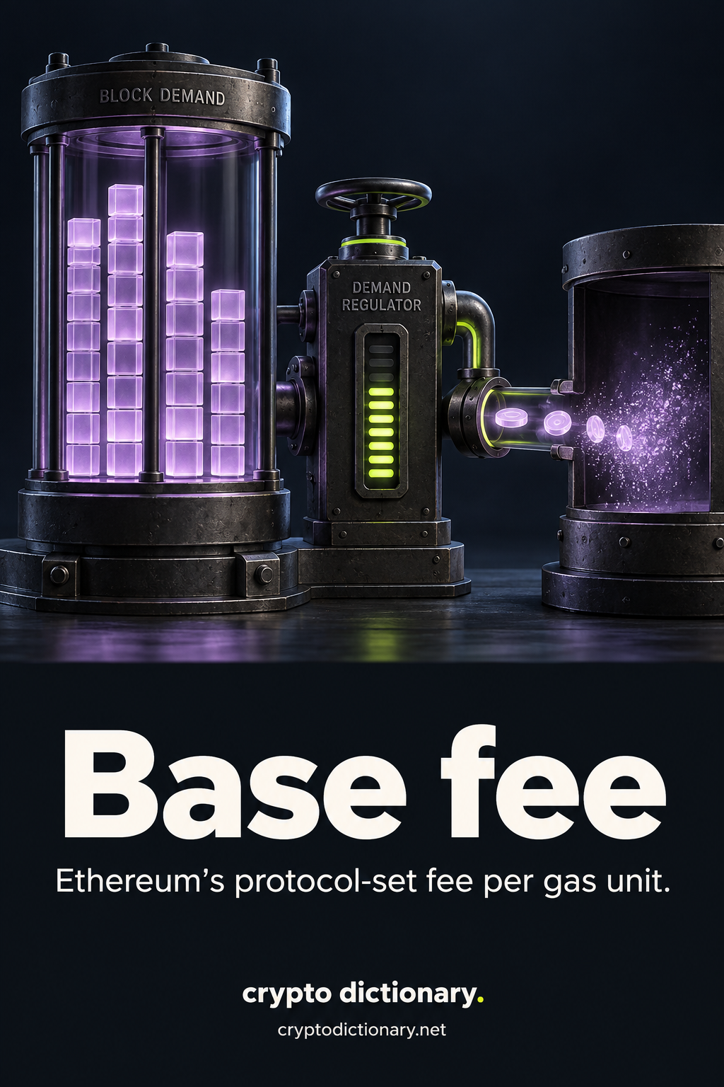 Base fee: varied block demand feeds a protocol regulator and fee discs dissolve into particles rather than entering a wallet.