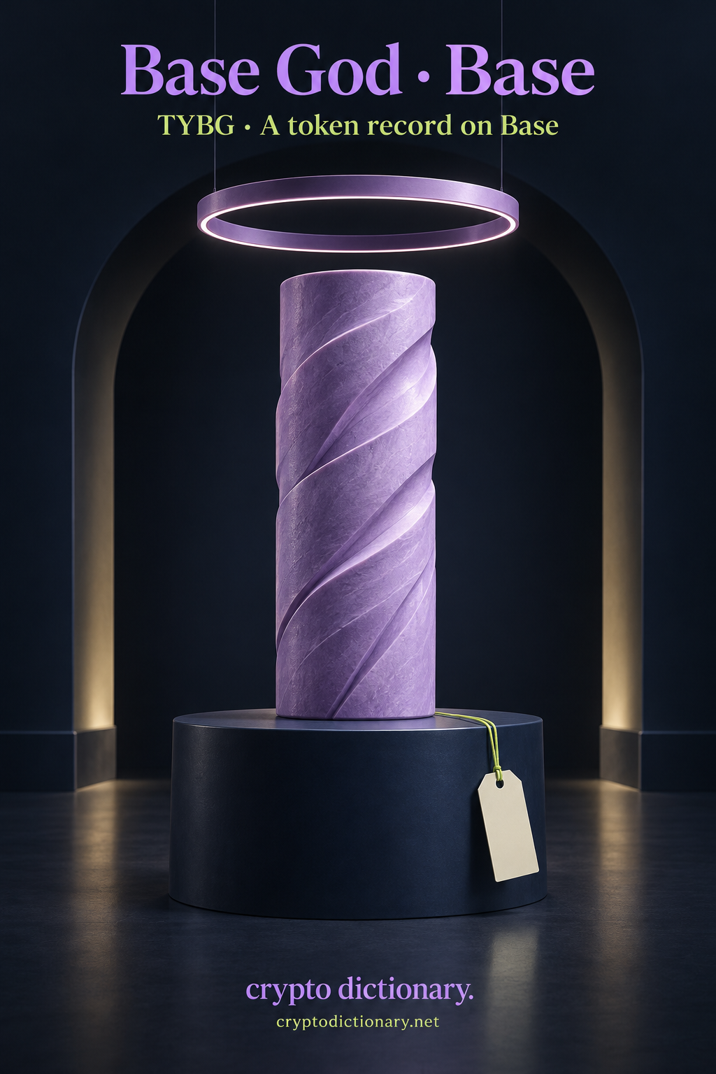 A plain lilac column sits on a navy museum pedestal beneath a suspended ring and blank identity tag.