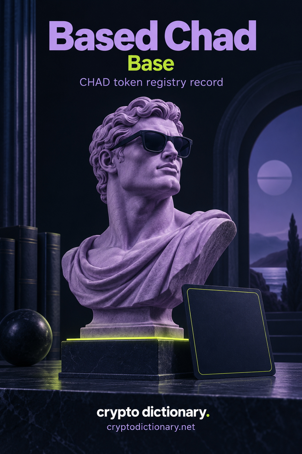 Based Chad on Base: a lilac confident classical bust with plain navy sunglasses on a broad archive base beside a blank registry card.