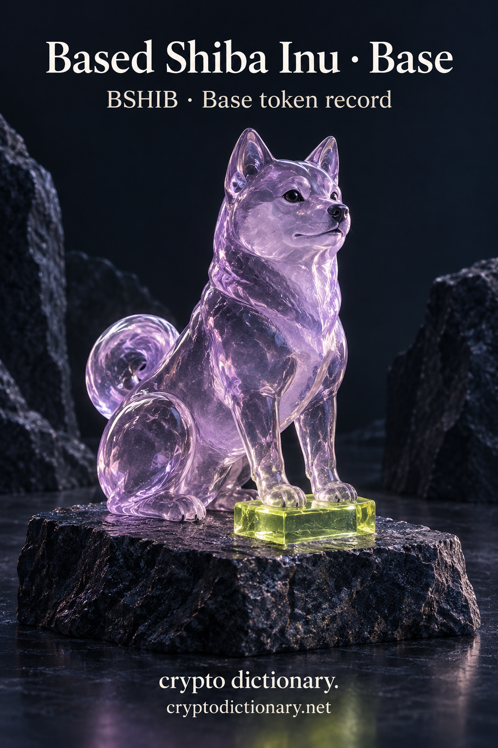Based Shiba Inu · Base — original lilac glass name-inspired sculpture with accurate BSHIB token record caption.