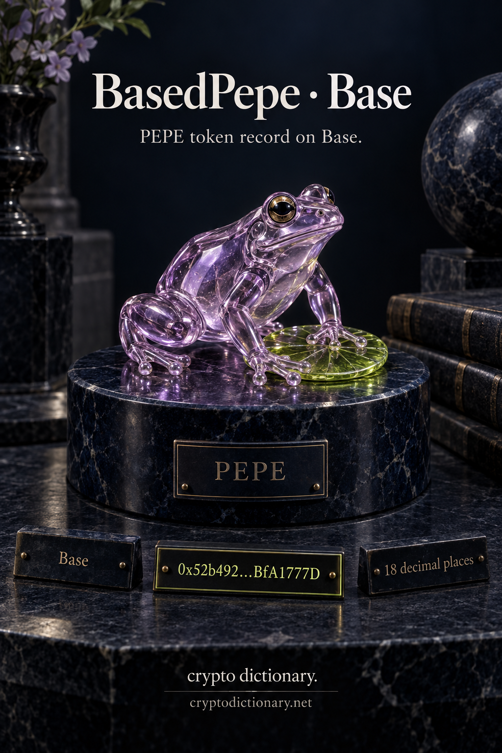 Original realistic lilac glass frog on a navy stone base, identifying BasedPepe on Base, PEPE registry ticker, matching contract abbreviation and eighteen-decimal precision.
