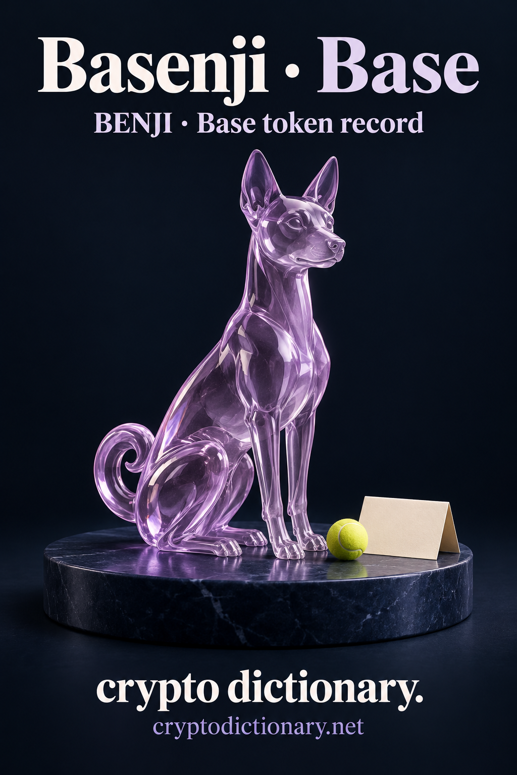 Basenji · Base above an original lilac glass dog with upright ears/curled tail, lime ball and blank card on navy plinth.