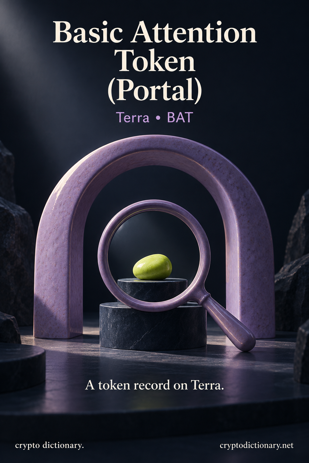 A lilac ceramic magnifying lens frames a lime pebble inside a sculptural arch, beside the Basic Attention Token (Portal) Terra registry identity.