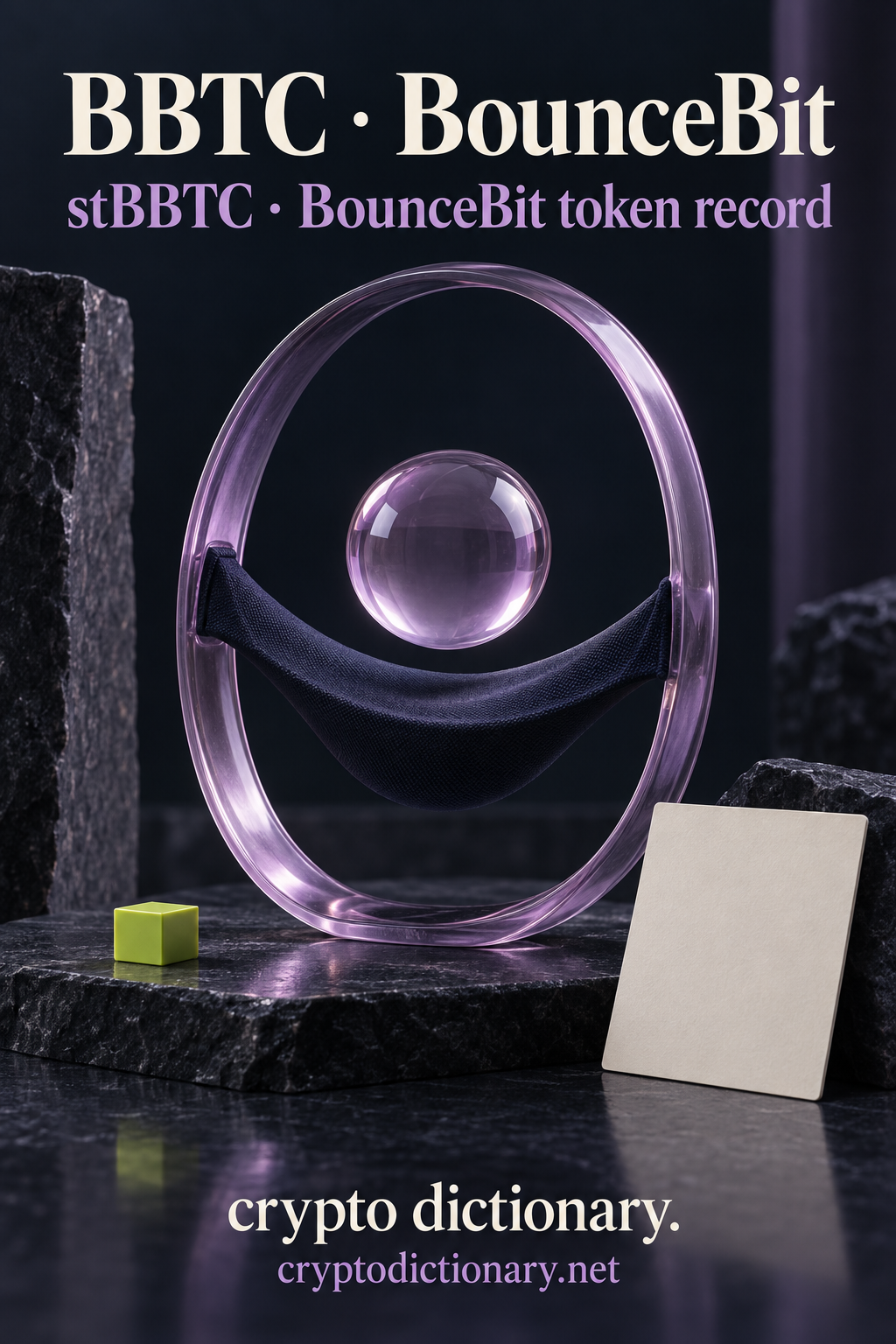 BBTC · BounceBit above a lilac glass ball floating over a navy fabric sling within a lilac oval frame, a lime cube and blank card; stBBTC · BounceBit token record and Crypto Dictionary footer.
