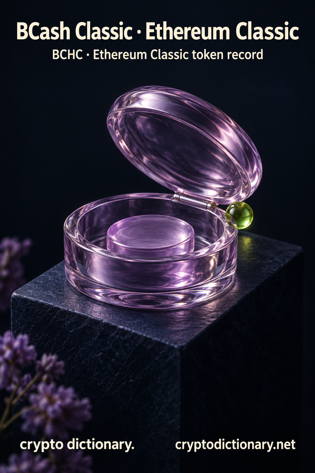 BCash Classic · Ethereum Classic — original lilac glass name-inspired sculpture with accurate token record caption.