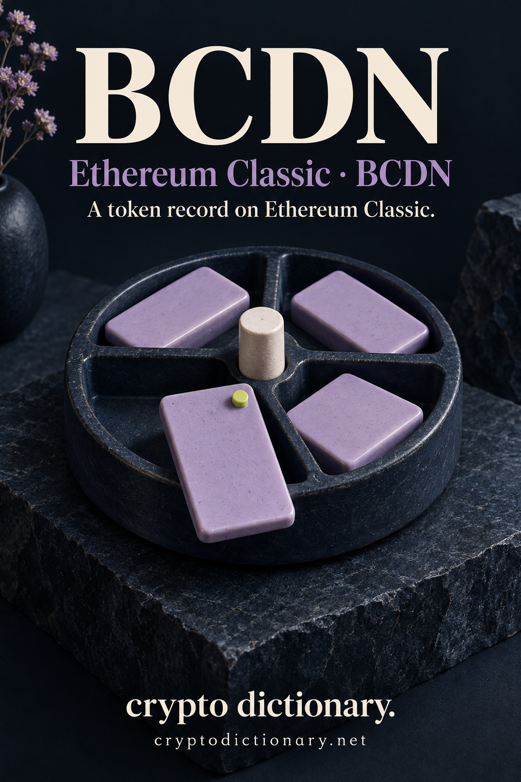 BCDN, Ethereum Classic · BCDN, above a four-slot navy archival carousel with an ivory spindle and blank lilac registry slabs, one pulled forward with a lime peg, and Crypto Dictionary footer.