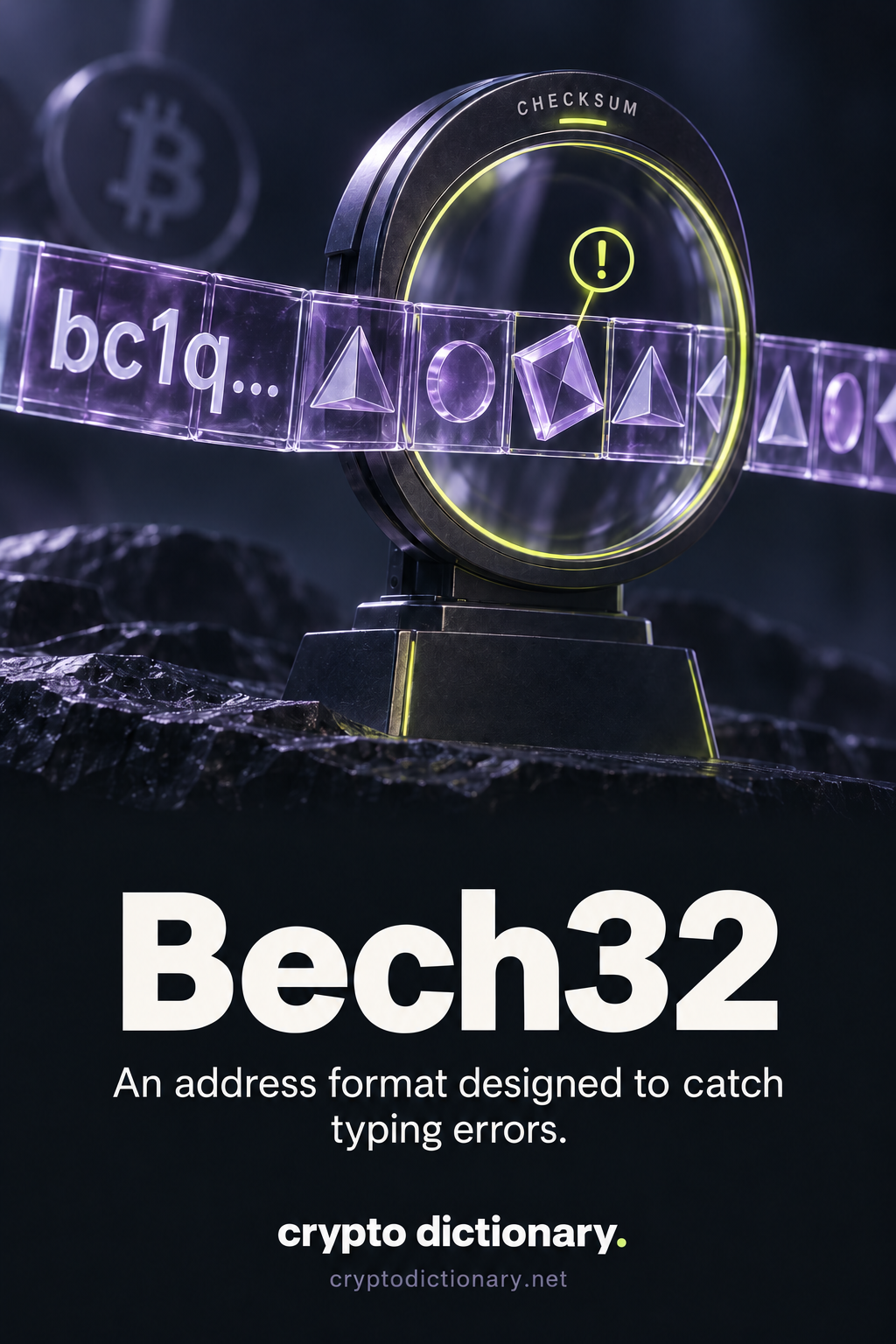 A checksum lens flags one mistyped tile on a glass address strip with an incomplete bc1q prefix.