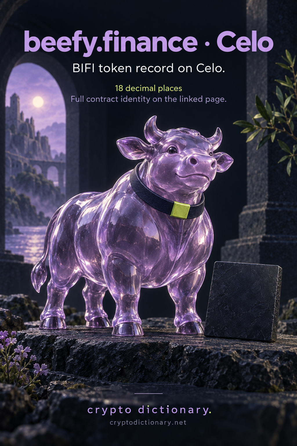 A stocky lilac glass bovine sculpture illustrates the beefy.finance token record on Celo, BIFI with 18 decimal places.