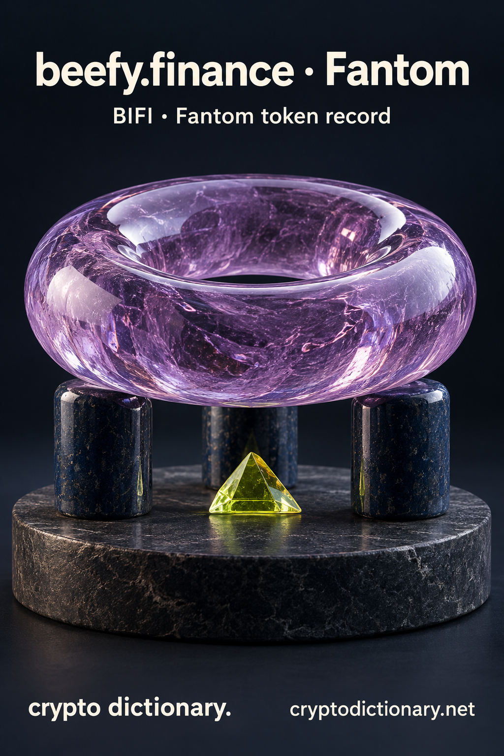 beefy.finance · Fantom — original lilac glass name-inspired sculpture with accurate BIFI token record caption.
