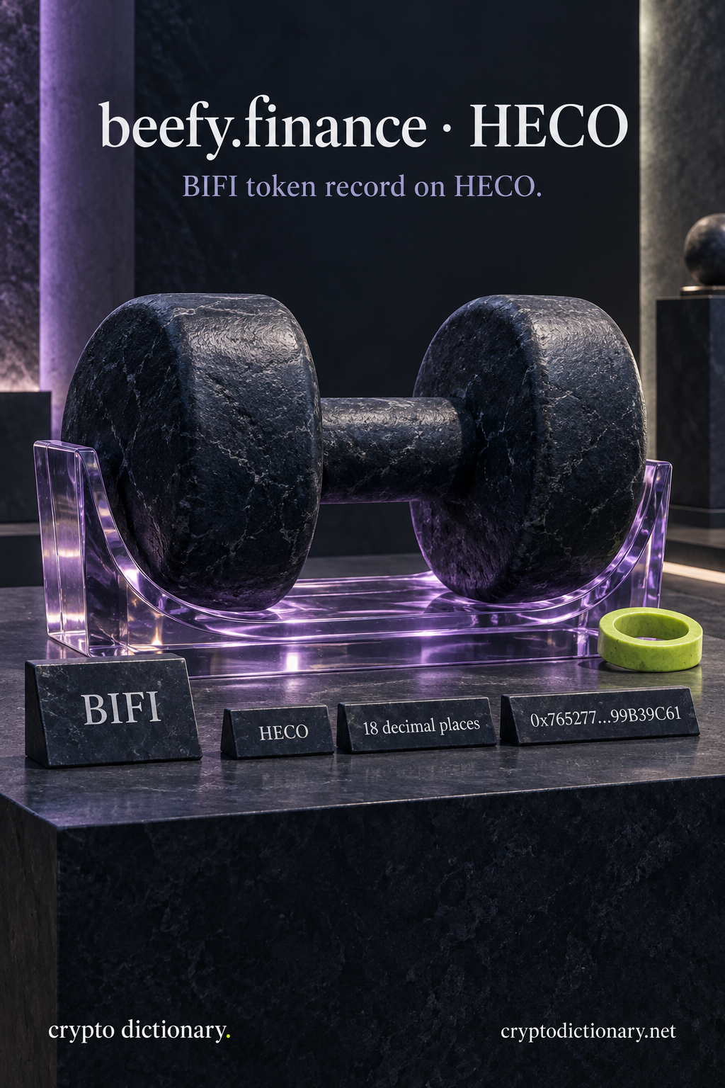 Bulky navy stone dumbbell in lilac glass cradle with BIFI specimen and HECO token registry identity labels.