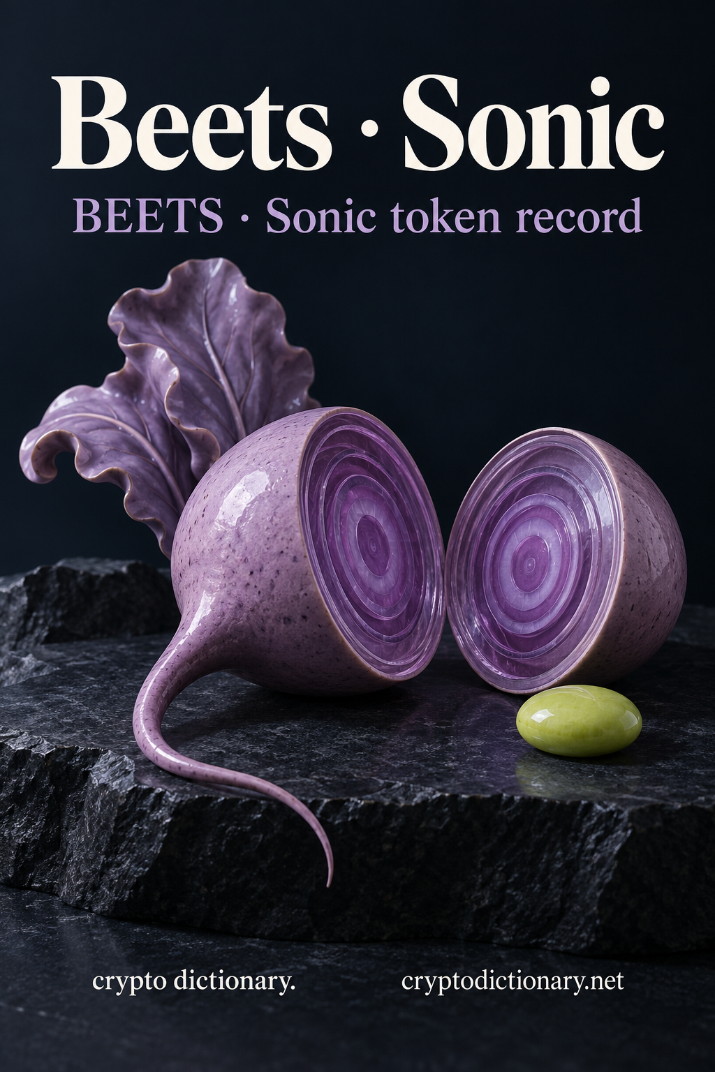 Two lilac ceramic beetroot halves with glass concentric interiors and curled leaf beside lime oval, beneath Beets · Sonic and BEETS caption.