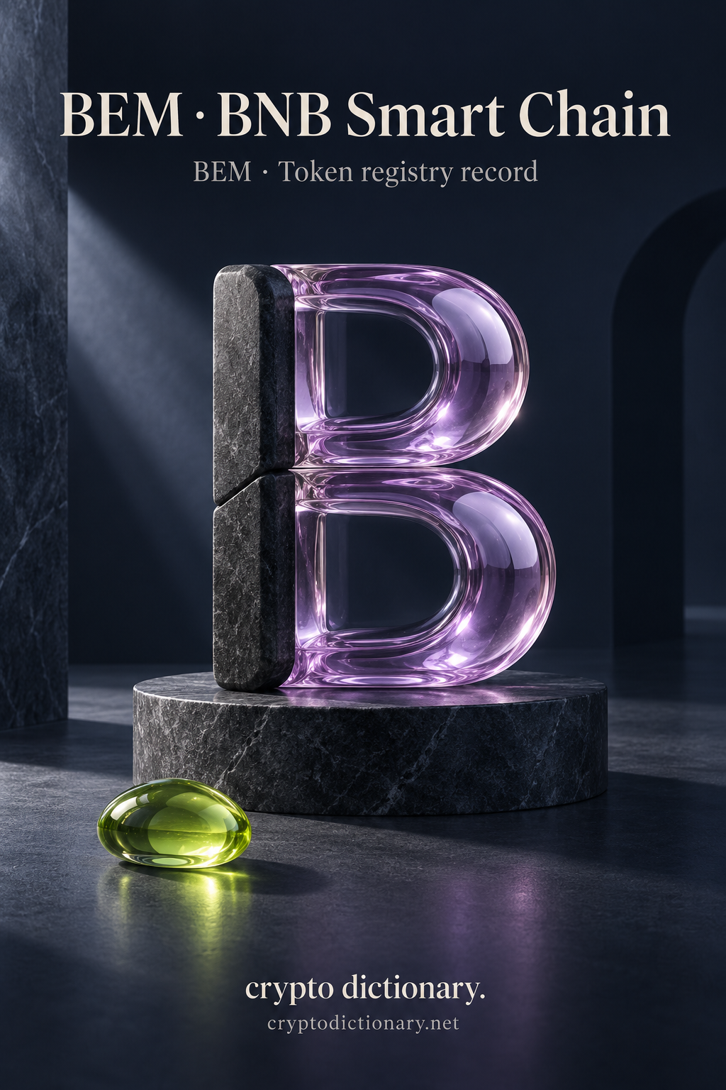 Lilac glass B-shaped sculpture with charcoal spine and lime pebble beneath BEM · BNB Smart Chain.