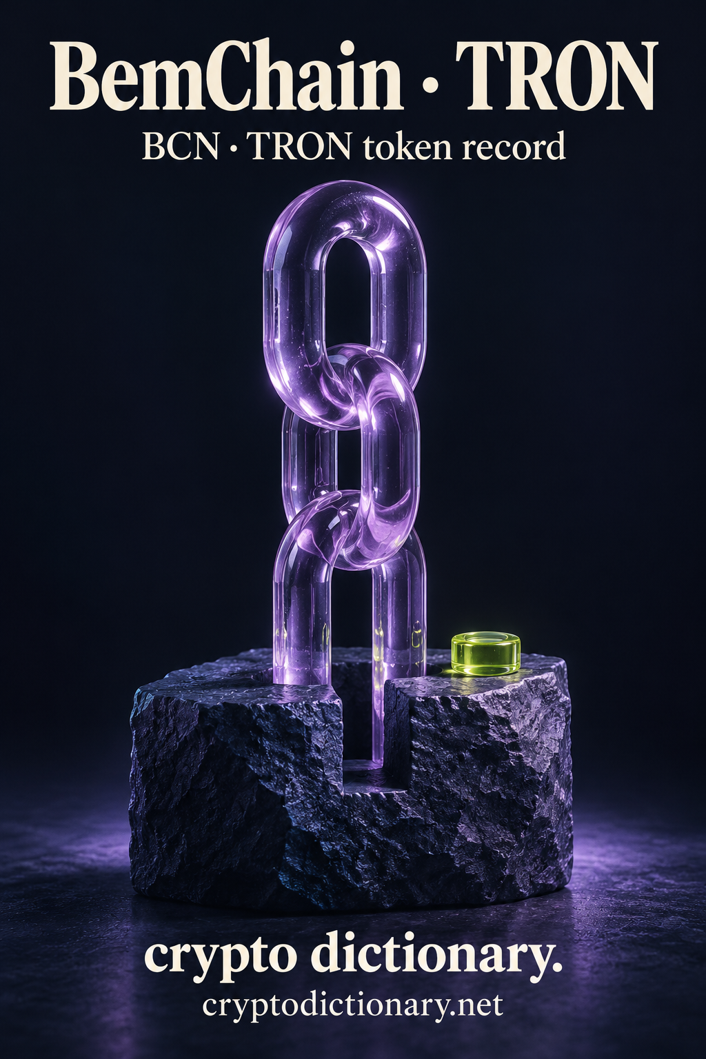 BemChain · TRON — original lilac glass name-inspired sculpture with accurate BCN token record caption.