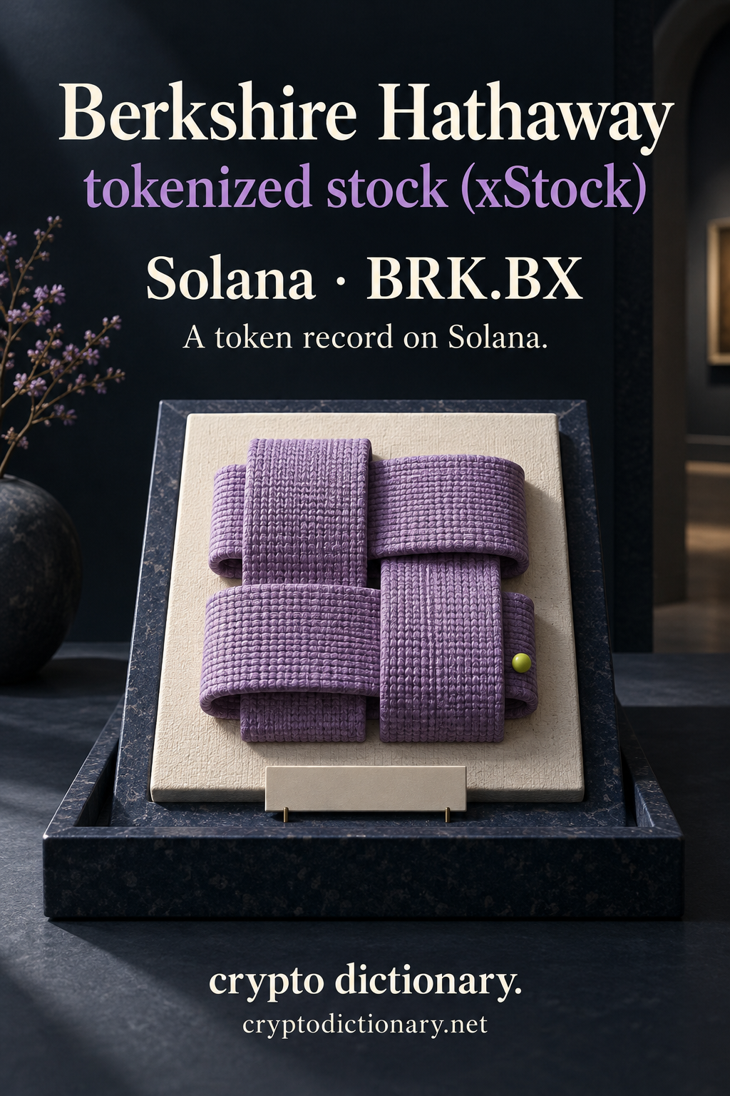 Berkshire Hathaway tokenized stock (xStock), Solana · BRK.BX, above interwoven lilac textile-like ceramic strips on an ivory archival support in a navy tray with a blank tab and lime bead, and Crypto Dictionary footer.