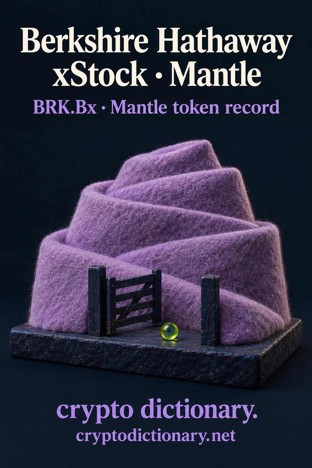 Lilac felt countryside terraces with a tiny unbranded navy wooden gate and lime bead, beneath Berkshire Hathaway xStock · Mantle.