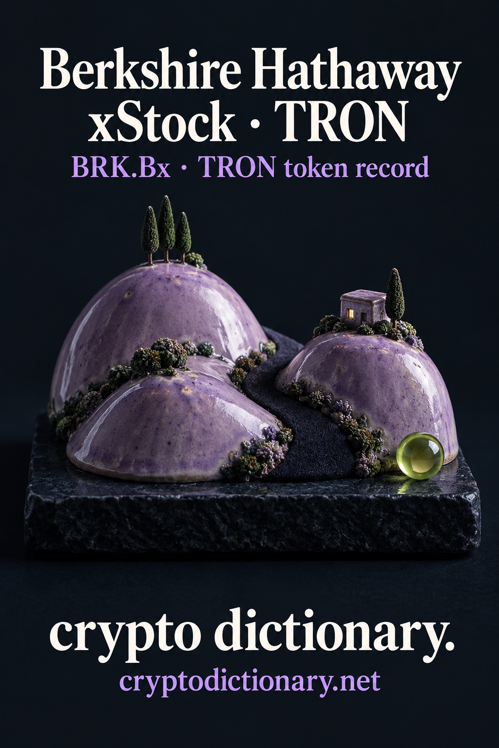 Three lilac ceramic countryside hills with navy fabric lane, miniature foliage and cottage on navy stone beside a lime bead, beneath Berkshire Hathaway xStock · TRON.