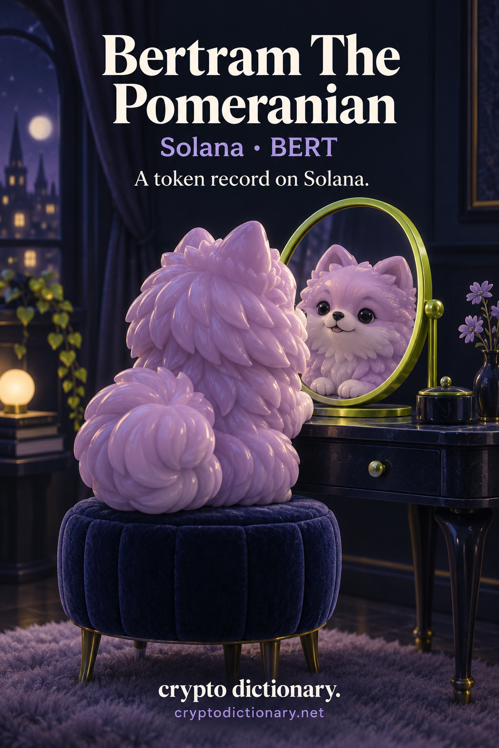 Bertram The Pomeranian registry illustration on Solana with an original lilac ceramic fluffy Pomeranian sculpture looking into a lime-edged blank mirror.