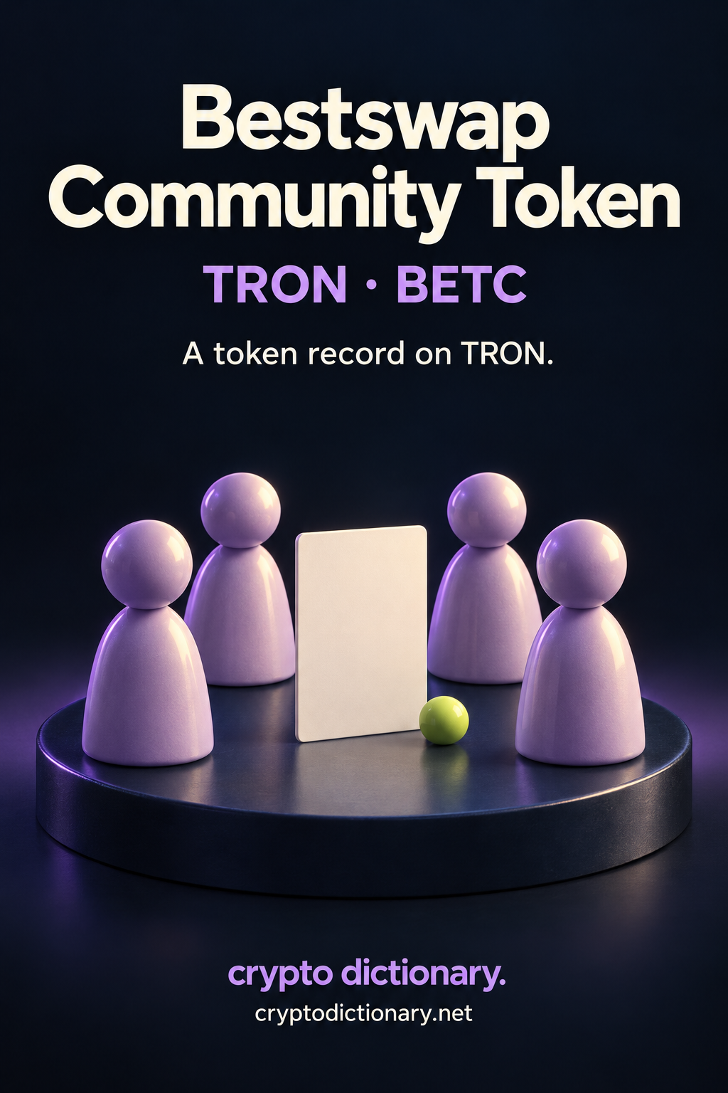 Bestswap Community Token on TRON, ticker BETC: four imaginary lilac ceramic figures around a blank ivory registry card.