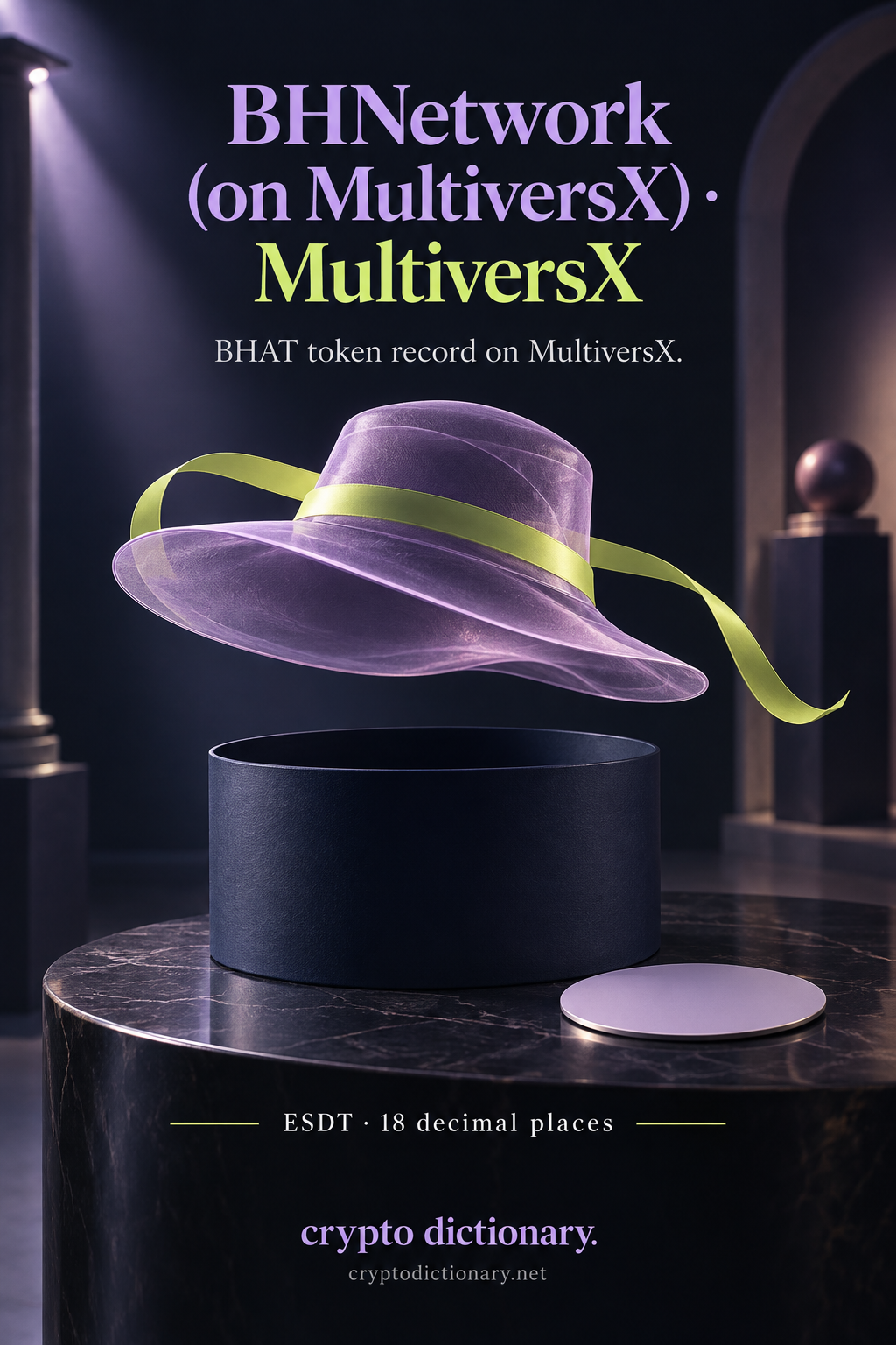 BHNetwork on MultiversX registry art with a lilac hat floating above a navy hatbox.