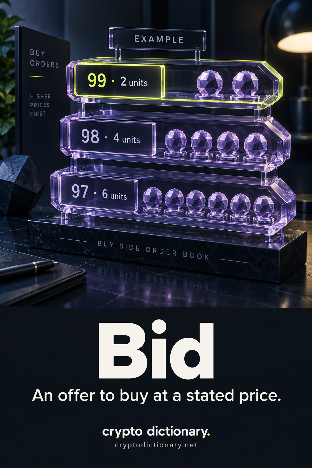 Illustrative buy orders ranked at 99 for two units, 98 for four and 97 for six, with the highest buying price highlighted.
