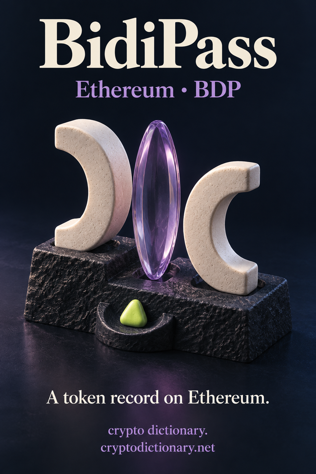 BidiPass token record on Ethereum: two blank opposing ceramic curves separated by a lilac glass lens on navy basalt with a lime locator.