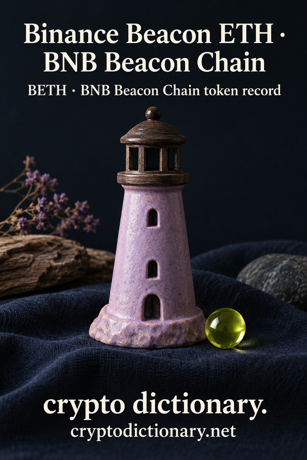 Lilac ceramic lighthouse model for Binance Beacon ETH on BNB Beacon Chain with BETH registry caption.