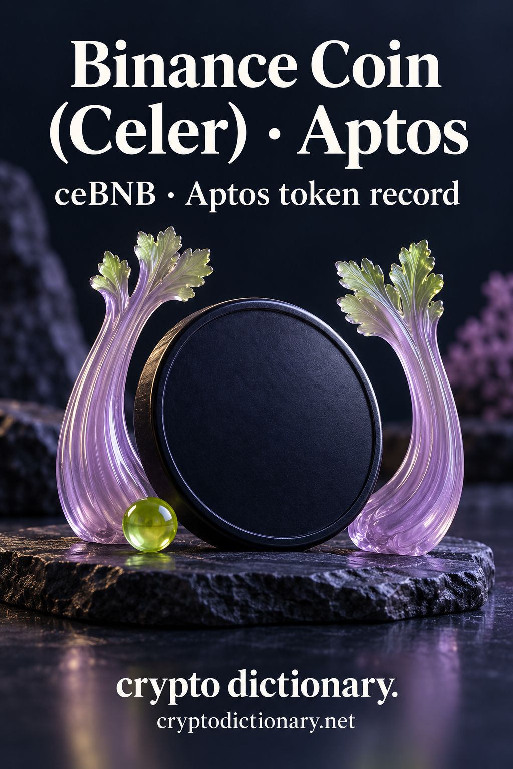 A blank navy ceramic medallion stands between lilac glass celery-like stalks near a lime bead; Binance Coin (Celer) · Aptos token registry artwork.