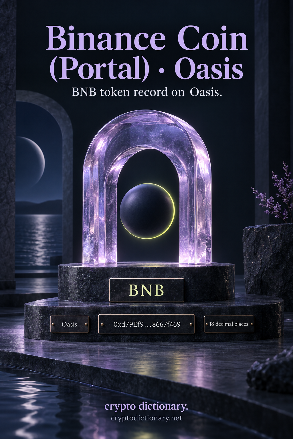 A static lilac glass arch frames a dark sphere rimmed with lime above a BNB registry specimen, with Oasis, public contract abbreviation and 18 decimal places plaques.