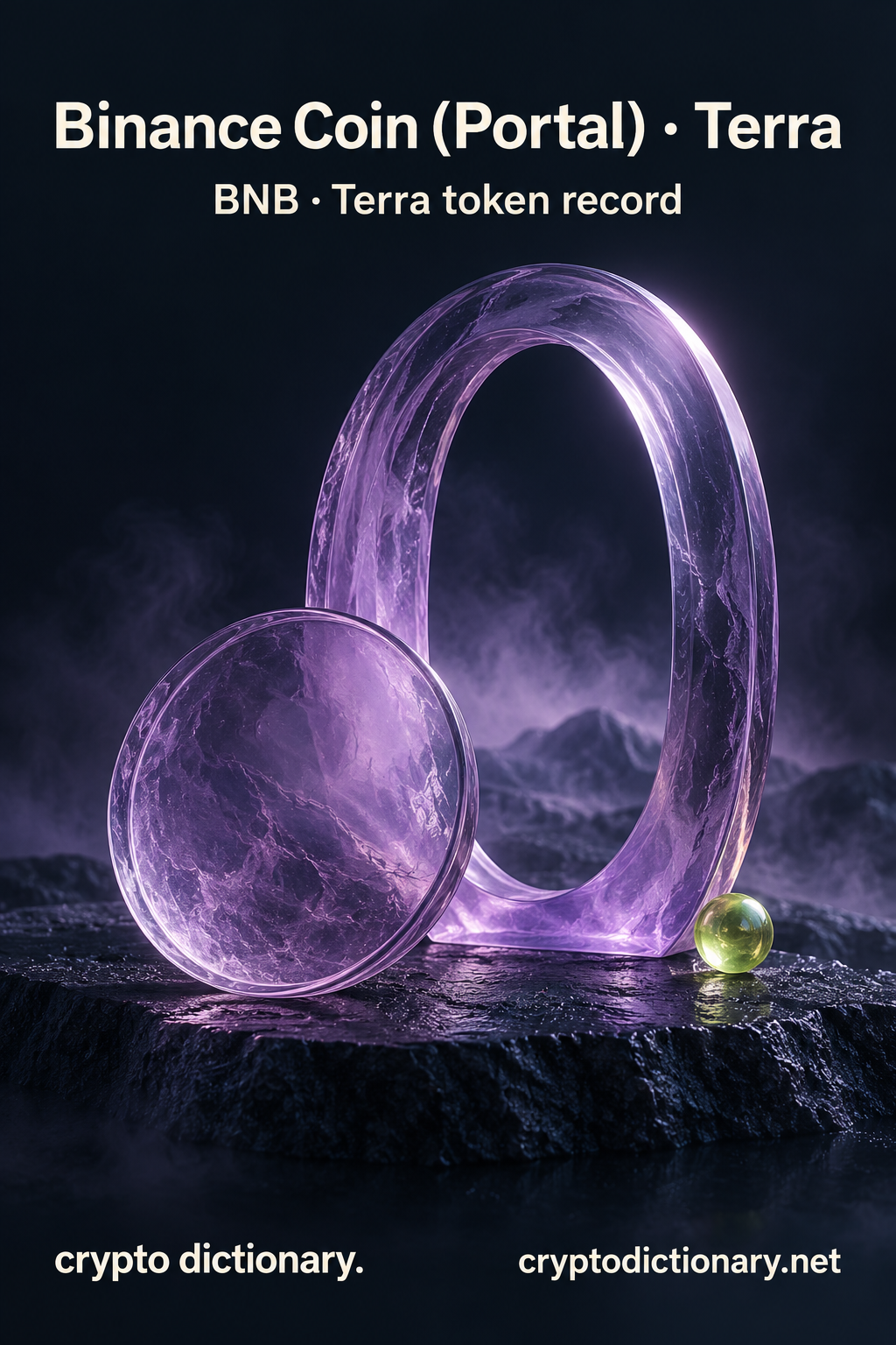 Binance Coin (Portal) · Terra — original lilac glass name-inspired sculpture with accurate token record caption.