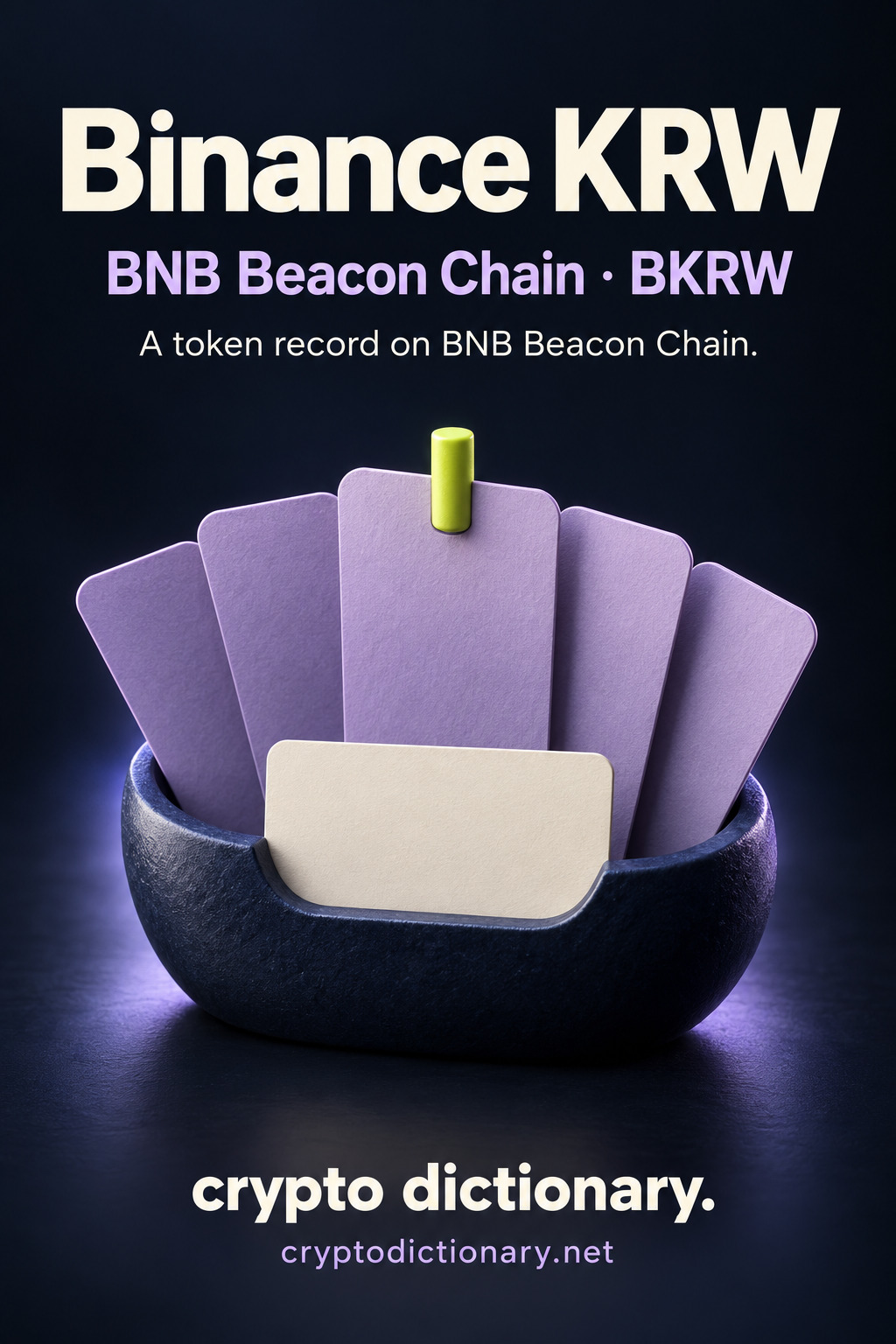 Binance KRW on BNB Beacon Chain, ticker BKRW: five blank lilac registry dividers in a navy cradle with a blank ivory card and lime peg.
